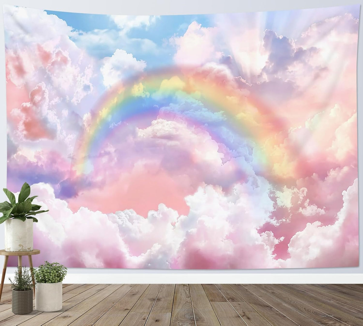 HVEST Rainbow Cloud Tapestry Wall Hanging - Pink Cloud With Glow Sunshine in Pastel Sky, Aesthetic Nature Landscape for Living Room Bedroom Decor, 80x60 Inches