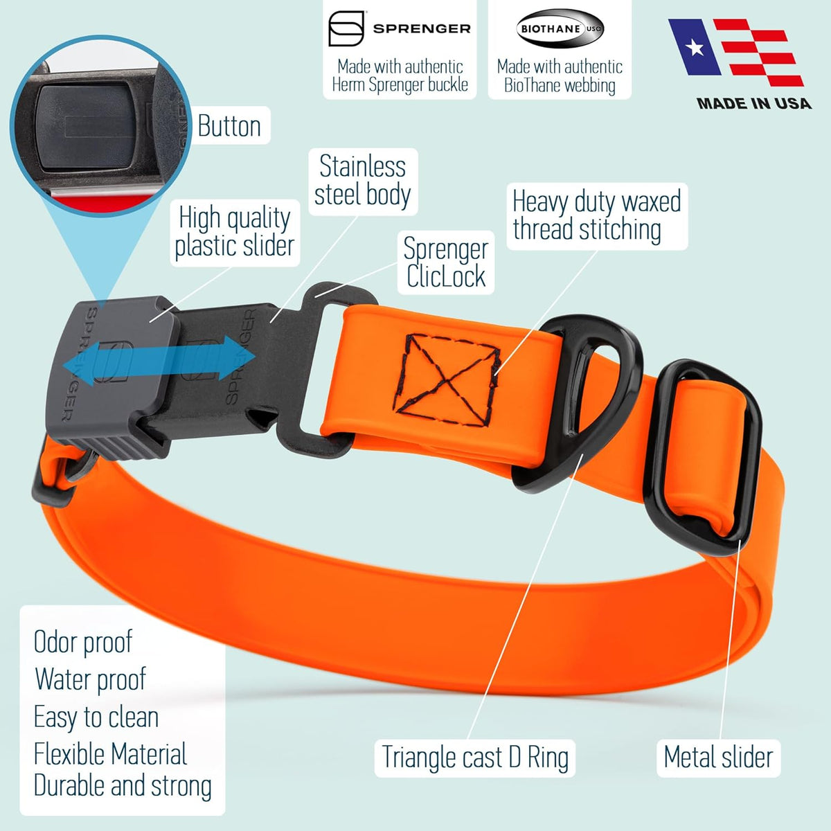 Dogline Biothane Waterproof Dog Collar with Herm Sprenger Black Stainless Steel Quick Release Buckle – Heavy Duty Tactical Durable Collar for Dogs – Comfortable and Safe Pet Collar W1 L 15-25" Orange