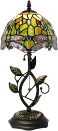 Small Tiffany Lamp Yellow White Dragonfly Style Stained Glass Table Lamps Desk Bedside Reading Light 8X8X18 Inches with Bronze Metal Leaf Resin Base