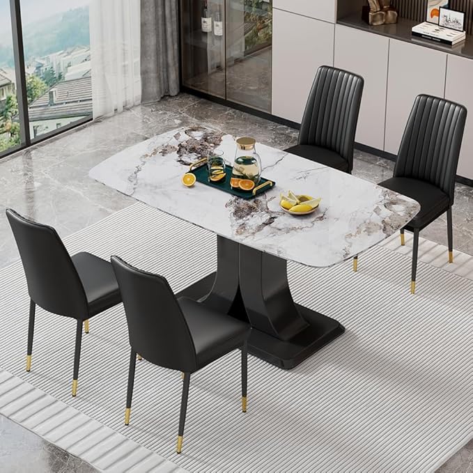 Modern Dining Table Set for 4, Marble Kitchen Table Chair Set for 4, Rectangular Kitchen Table with 4 Pu Leather Upholstered Chair for Dining Room (White+Black, 1 Table with 4 Chairs)