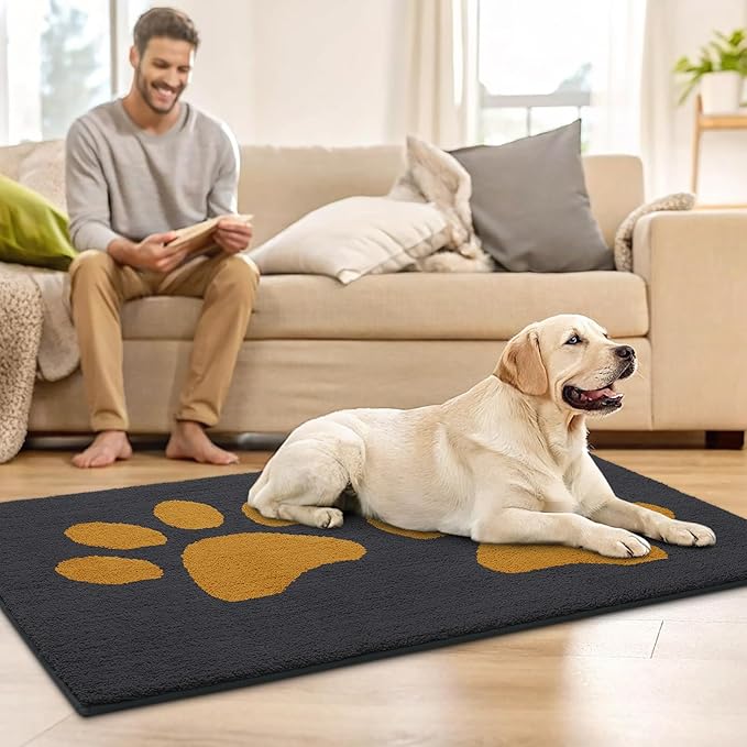 Buganda Dog Door Mat for Muddy Paws, Absorbent Dirt Trapper Washable Indoor Doormats, Non Slip Low-Profile Mud Mat for Dogs, Front Entrance Doormat for Inside Floor (36x24Inches,Dark Grey and Yellow)