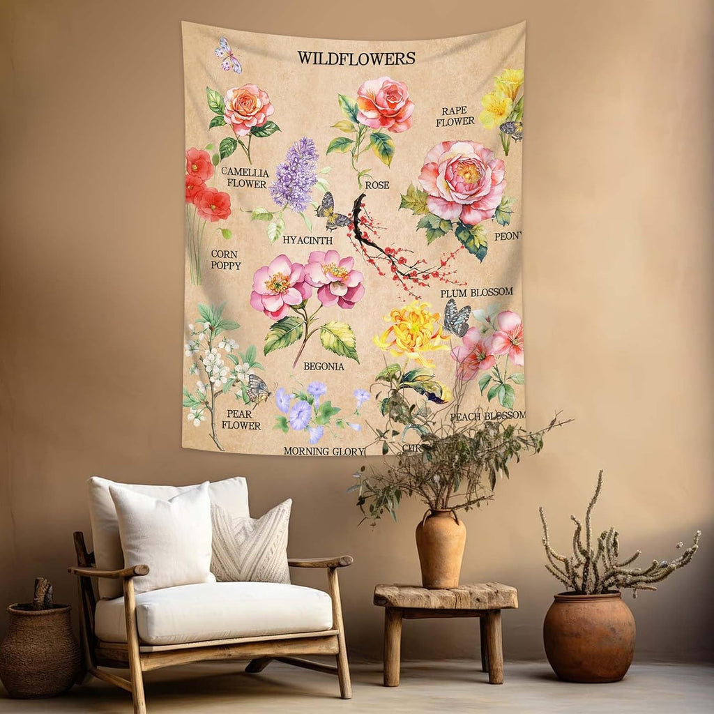 dueeia Vintage Floral Tapestry Wall Hanging Wildflowers Colourful Flower Boho Butterfly Tapestries for Bedroom Aesthetic Living Room Wall Decor (90.6"x70.9")