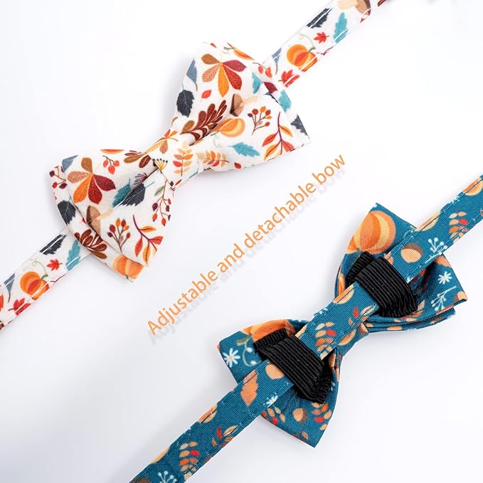 2 Pack Cotton Fall Cats Collar with Bow Tie Orange Green Cat Collars for Girl Female Boy Male Cat Collar with Bell Halloween Collars for Cats