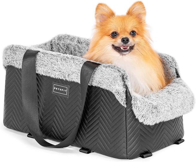 PETSFIT Center Console Dog Car Seat, Portable Pet Car Seat with Safe Protective Hooks, Luxury Dog Car Seats for Small Dogs Includes Safety Leash and Storage Pocket for Pets Up to 9 lbs (Black)