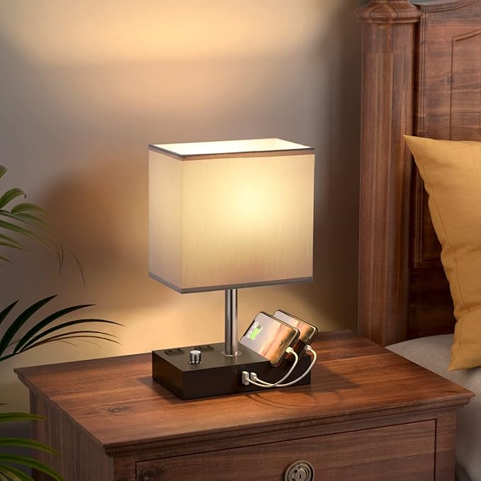 Kakanuo Table Lamp for Bedroom with Dual USB Ports, Grey Fully Dimmable Bedside Lamp with Phone Stands and 2 Charging Outlets, Desk Lamp for Nightstand and Living Room, LED Bulb Included