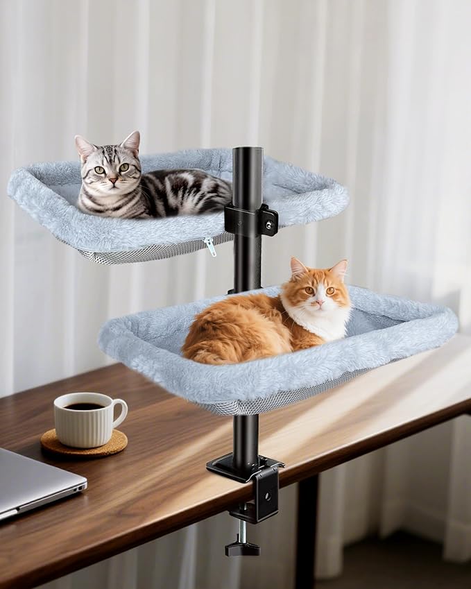L&W BROS. Double Layer Cat Desk Bed – Adjustable Desk Nest with Swivel Mounts, Metal Frame, 45LB/Layer, Washable Covers, for Multi-Cat Homes