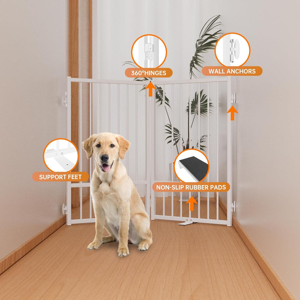 Full Metal Freestanding Dog Gate with Door, 32''Height Foldable Pet Dog Fence for Indoor & Outdoor, 2 Panels Extra Wide Free Standing TallDog Gates for Doorways,House,Stairs,Porch,Deck,Yard