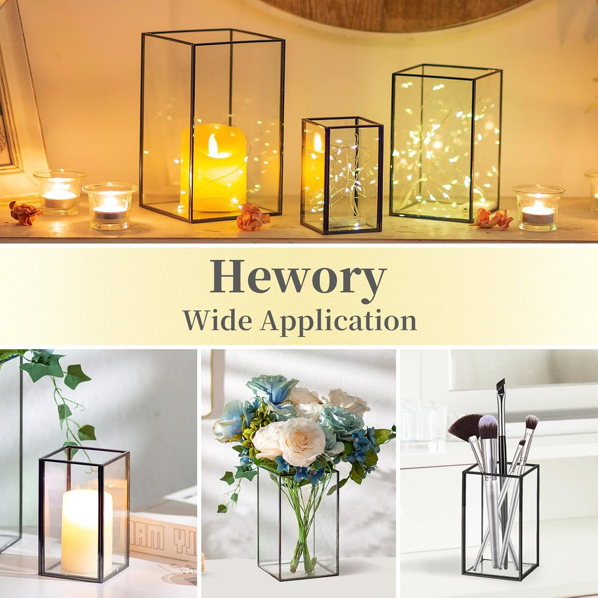 Glass Hurricane Candle Holder Large - Hewory 3pcs Black Rectangle Flower Holders Centerpiece for Table, Tall Floor Square Pillar Candle Lantern for Wedding, Anniversary, Party, Fireplace, Dining Room
