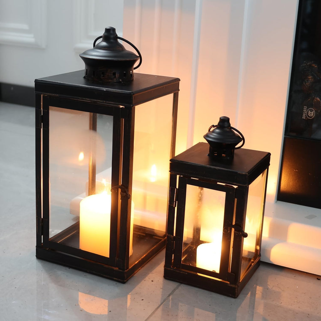 DECORKEY Large Lantern Decorative Outdoor & Indoor, Set of 2 (14’’&10’’) Metal Candle Lanterns Decor, Vintage Hanging Candle Holder for Front Porch Patio Wedding Farmhouse Home, Spring Decoration