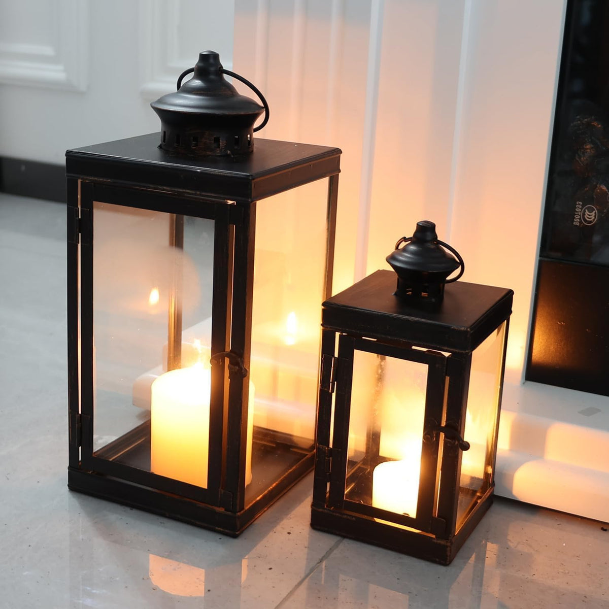 DECORKEY Large Lantern Decorative Outdoor & Indoor, Set of 2 (14’’&10’’) Metal Candle Lanterns Decor, Vintage Hanging Candle Holder for Front Porch Patio Wedding Farmhouse Home, Spring Decoration