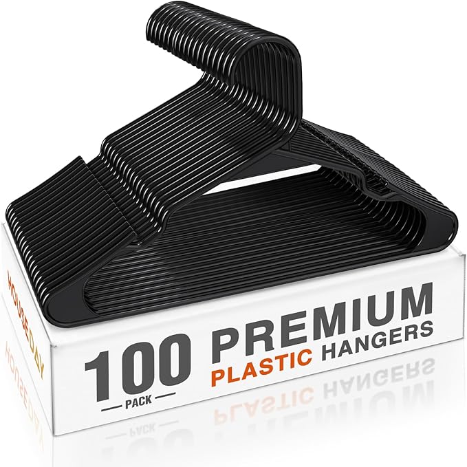 HOUSE DAY Plastic Hangers 100 Pack - Adult Clothes Hangers Black - Space Saving, Non-Slip, Durable & Sturdy Hanger with Shoulder Grooves for Closet, Perfect Slim Coat Hanger - Ganchos para Colgar Ropa