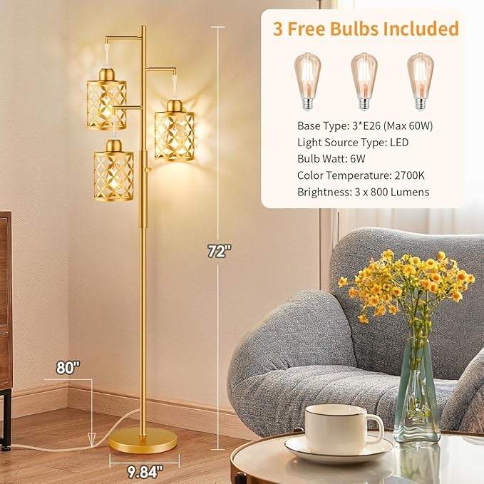 【Upgraded】72" Tall Dimmable Floor Lamp, Modern Standing Lamp with Elegant Metal Cages, Industrial Tree Floor Lamps for Living Room, Bedroom, Study Room, Office (3 x 800LM LED Bulbs Included) - Gold