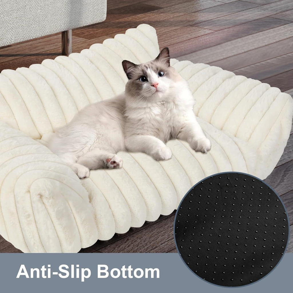 Cute Cat Couch Bed for Indoor Cats, Fluffy Pet Cat Sofa with Premium Soft Corduroy Fleece, Cute Small Dog Beds for Small Dogs, Fuzzy Puppy Chair with Removable Washable Cover (30x20x10,Cream)