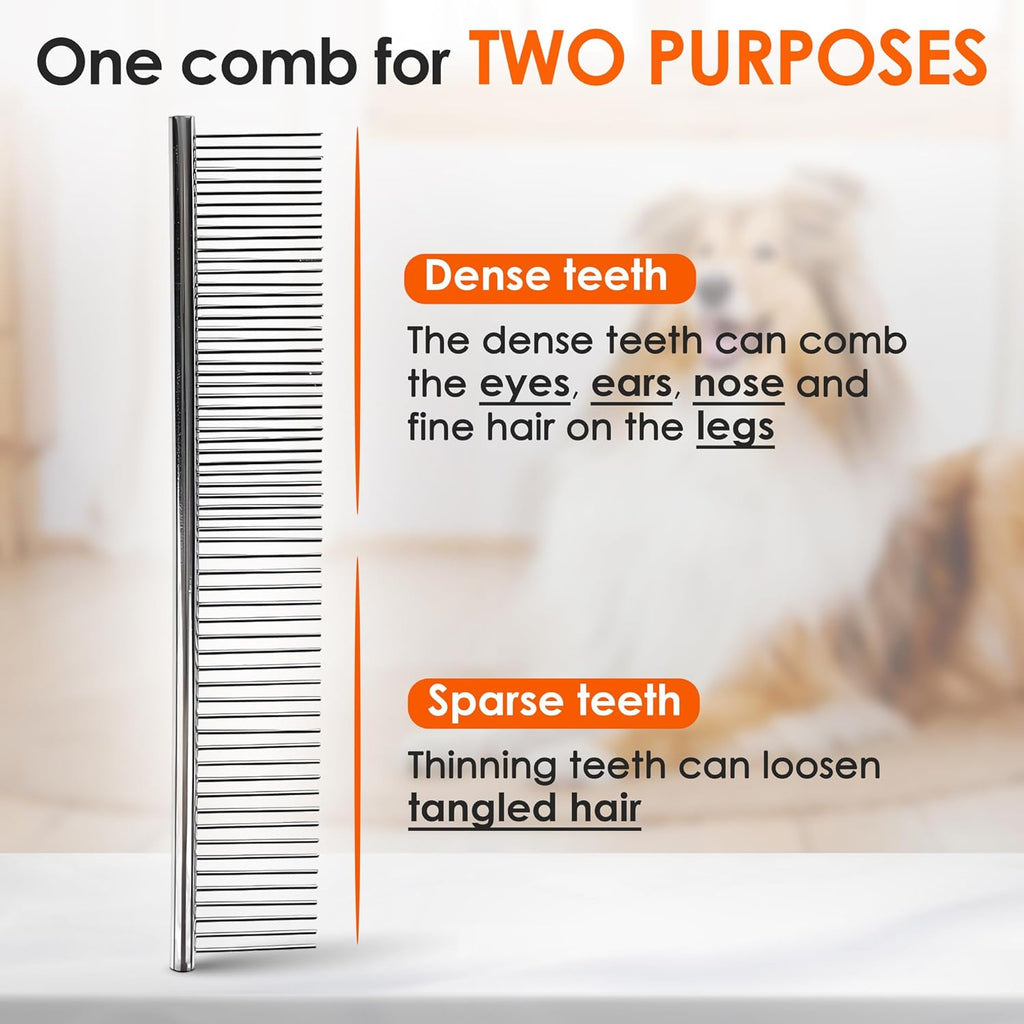 Dog Comb to Remove Tangles and Knots, Cat Comb with Stainless Steel Teeth and Non-Slip Handle, Dog combs for grooming matting for Long Haired Pets (Large & Small)