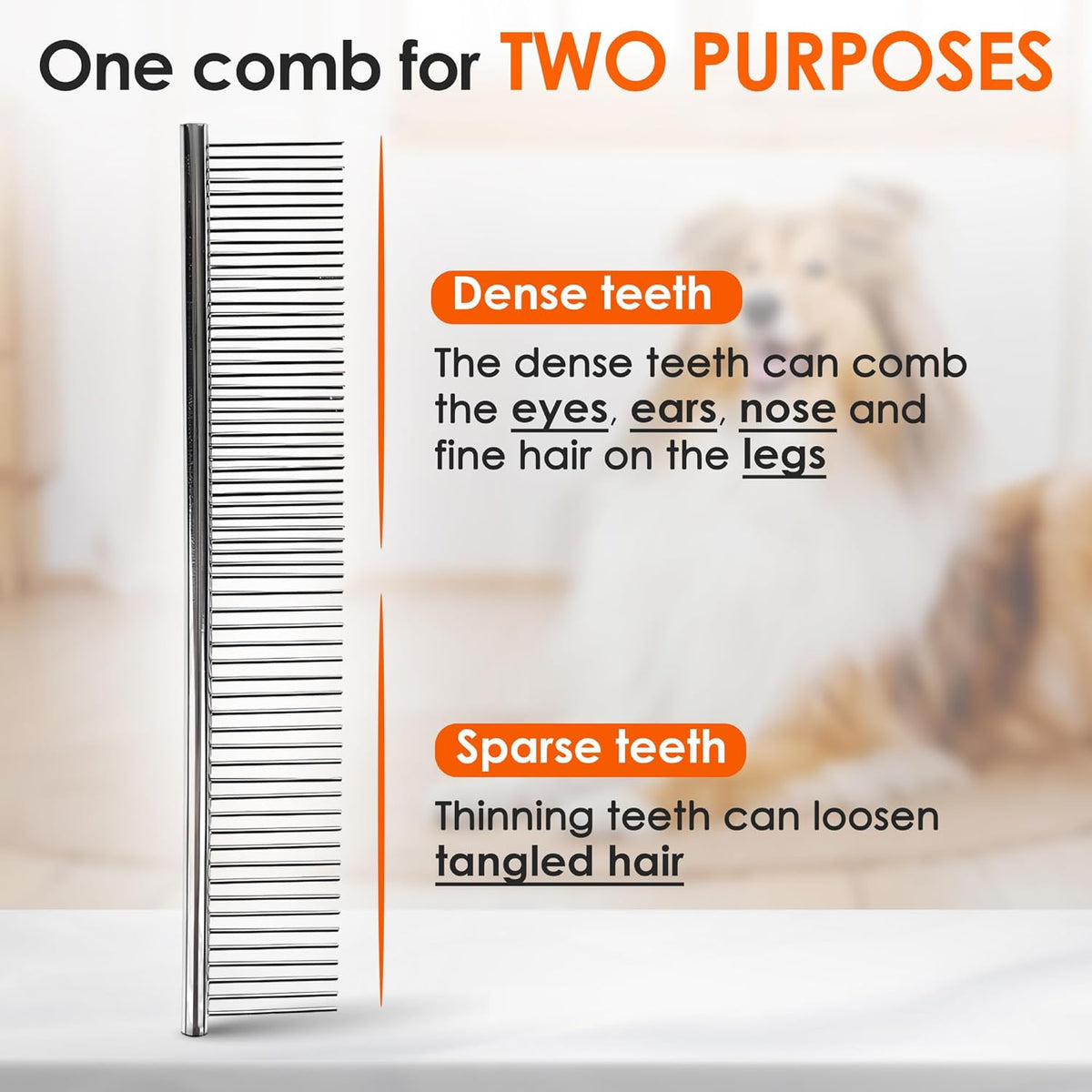 Dog Comb to Remove Tangles and Knots, Cat Comb with Stainless Steel Teeth and Non-Slip Handle, Dog combs for grooming matting for Long Haired Pets (Large & Small)