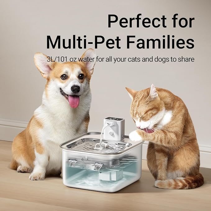 DownyPaws Cat Water Fountain Stainless Steel Cordless, 101 oz/3L FurSink Wireless Cat Water Dispenser for Pets, Battery Operated Pet Drinking Fountain with Motion Sensor, Easy Clean, White