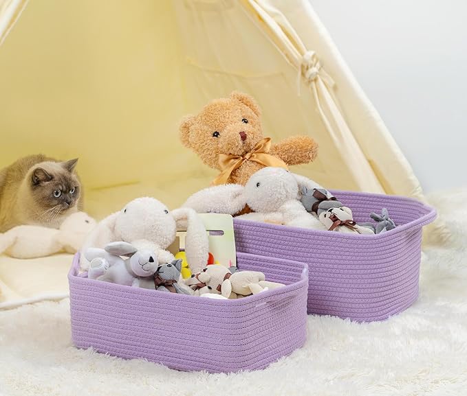 CubesLand Cube Storage Organizer Basket Bin, Cube Shelf Shelves Cotton Rope Basket, Durable Woven Rectangular Basket for Organizing, Nursery Toys Basket, 14x10x7.08IN Purple Basket