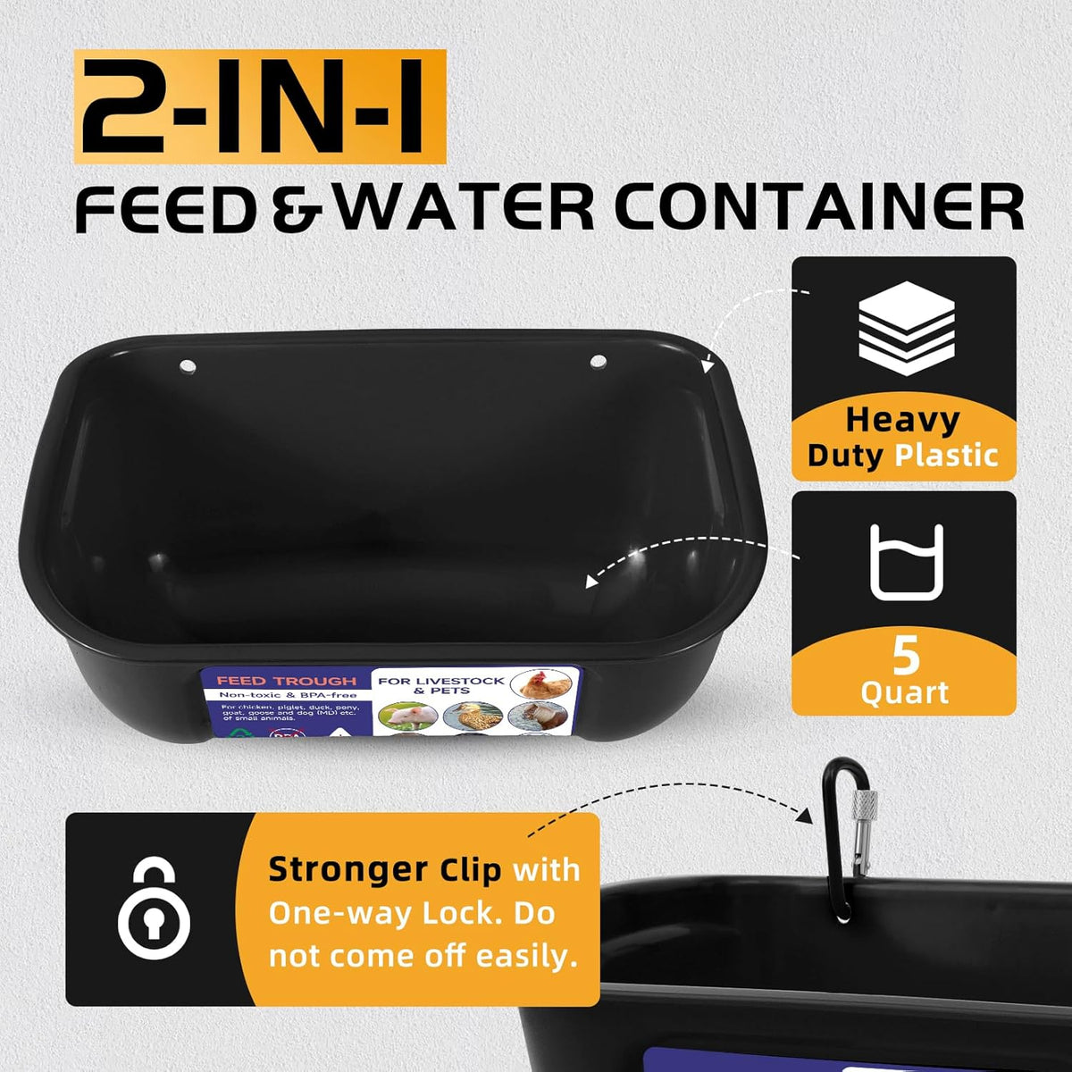 Goovilla Chicken Feeder Waterer, Hanging or Screw-in Fence Feeders with Clips, 2 Pack 5 Quart Goat Feeding Supplies, Duck Piglet Sheeple Coop Dog Livestock Poultry Plastic Feeder Trough Bucket, Black