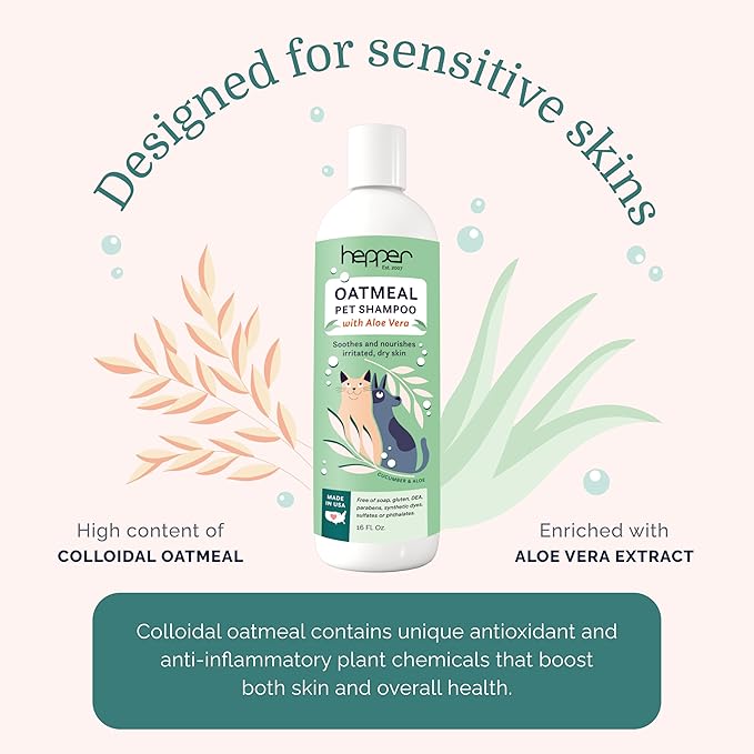 Hepper Oatmeal Shampoo for Dogs, Cats and Other Pets - All Natural Pet Shampoo: No Dog Soap, Cat Soap or Pet Soap - Dog Shampoo Sensitive Skin, Dog Dry Skin, Dog Itchy Skin Treatment -Cucumber & Aloe
