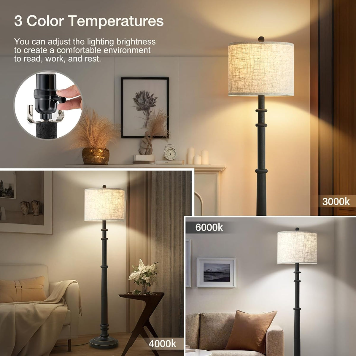 Floor Lamps for Living Room - 60" Resin Farmhouse Floor Lamp with 3 Color Temperatures - Vintage Standing Lamp Reading Light with Linen Shade Retro Tall Lamp for Bedroom Office, Black