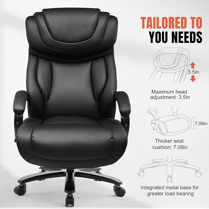 COMHOMA Big and Tall Office Chair 650lbs Ergonomic Office Chair 6 Gear Adjustable Headrest Swivel Rocking Home Office Desk Chairs Leather High Back Executive Office Chairs with Thickened Armrests