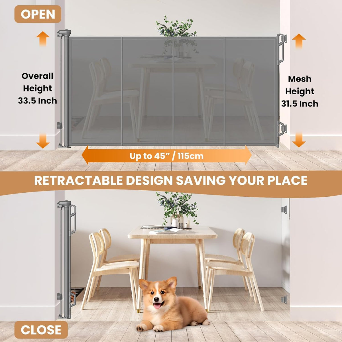 Reinforced Retractable Baby Gate or Mesh Dog Gate,Easy to Use for Stairs, Doorways, Hallways, Indoor, Outdoor, Wide Pet Gate 33.5" Tall, Extends to 45" Wide, Gray