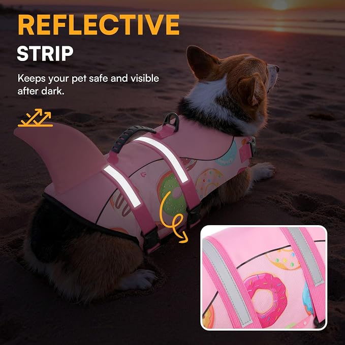 Dog Life Jacket, Dog Life Vest for Swimming, High Flotation Shark Swimming Safety Vest for Large Dods, Adjustable Reflective Pet Lifesaver Preserver, Pink Donut L