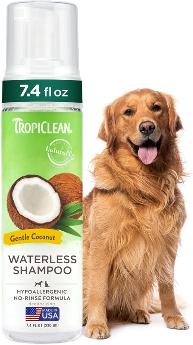 TropiClean Hypoallergenic Waterless Dog Shampoo | Dry Shampoo for Allergies & Sensitive Skin | Safe for Cats | Puppies & Kittens | No Rinse | 7.4oz