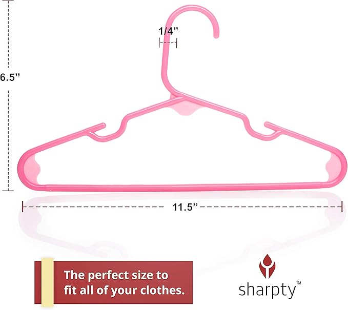 Sharpty Kids Plastic Hangers, Children's Hangers for Baby, Toddler, and Child Clothes - Everyday Standard Use - Ideal for Boys and Girls Closet, Clothing, Pants, Coats, and More - Pink, 60 Pack