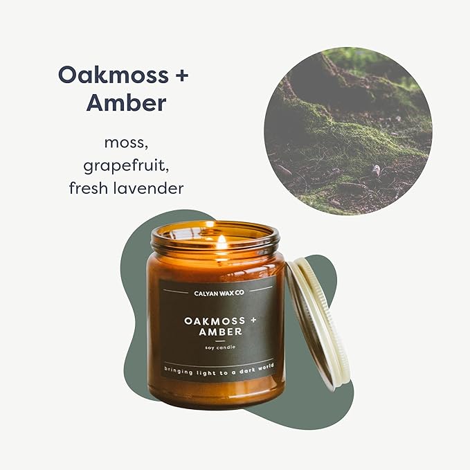 Calyan Wax Co. Oakmoss & Amber Scented Candle - 57 Hour Burn - Luxury Non Toxic Soy Wax Candles - Long Lasting Amber Glass Jar Candle for Home - 7.2oz