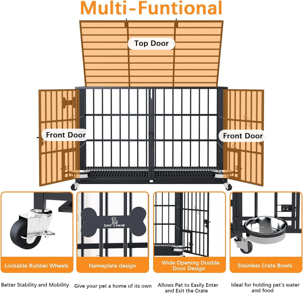 aboxoo 42/48 inch Heavy Duty Metal Dog Crate for 2 Dogs/Large Dog,All Metal Open Top Stackable,Dog Kennel Indoor with Wheels,Floor Grid, Tray, Divider and Feeding Bowl