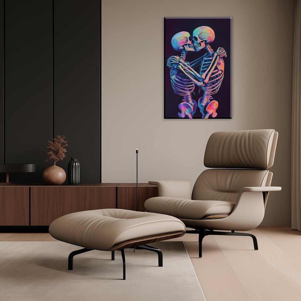 Skeleton Wall Art Kissing Skull Art Poster Skeleton Lover Picture Print On Canvas Abstract Horrible Theme Painting Framed Artwork Living Room Decor(Artwork-3,20"x30")