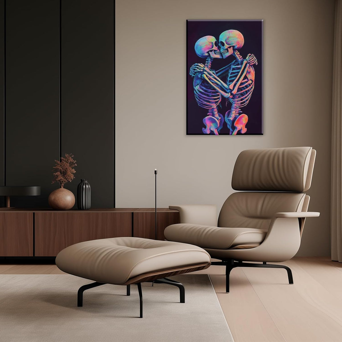 Skeleton Wall Art Kissing Skull Art Poster Skeleton Lover Picture Print On Canvas Abstract Horrible Theme Painting Framed Artwork Living Room Decor(Artwork-3,12"x18")
