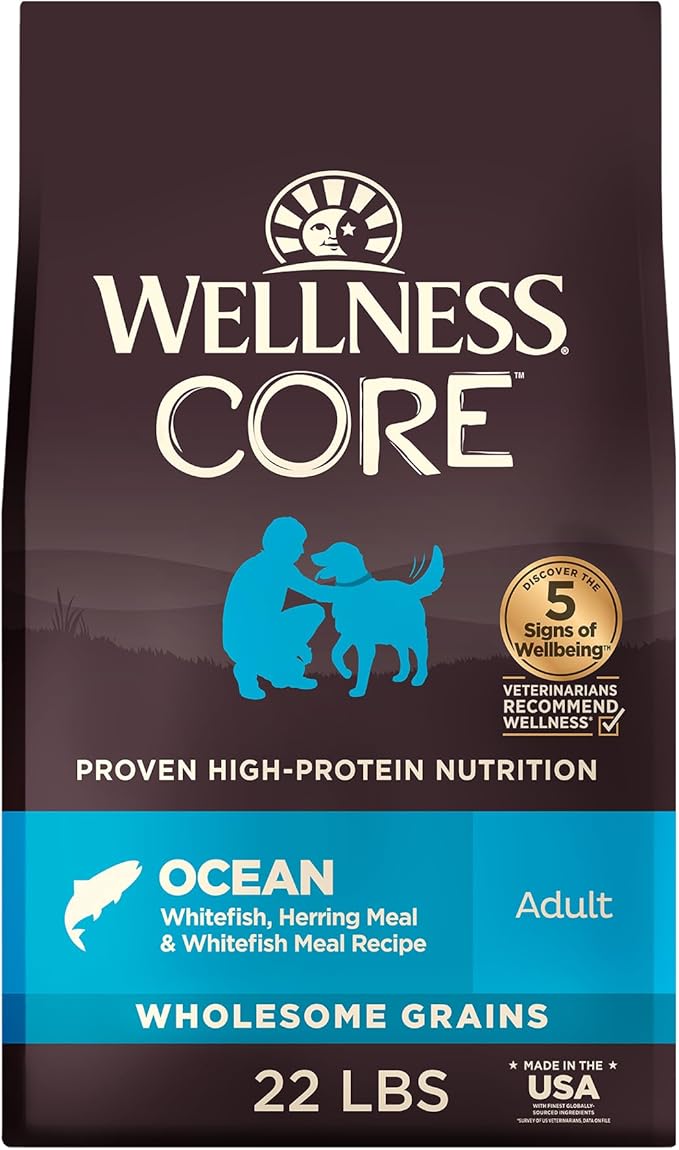 Wellness CORE Dry Dog Food, Wholesome Grains, High Protein, Natural, Ocean Whitefish & Herring Recipe, (22-Pound Bag)