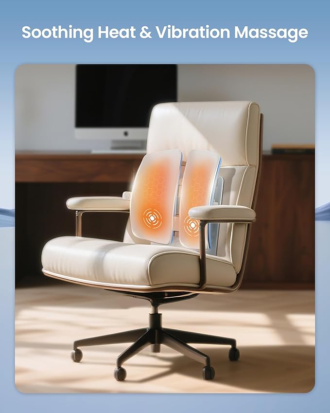 Beleduc Heated Lumbar Support Pillow for Office Chair- Back Support Pillow with Vibration Massage, Ergonomic Back Massager for Chair, Adjustable Height, 2 Heating Levels, Gifts