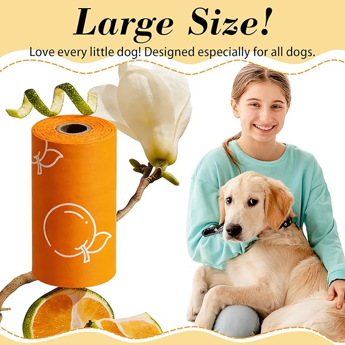 Citrus Scented Dog Poop Bags - 630 counts Orange Pet Waste Bags with Dispensers, Extra Large 13x9 Inch Leak-Proof Fragrance Bags for Dogs Walking and Cat Litter