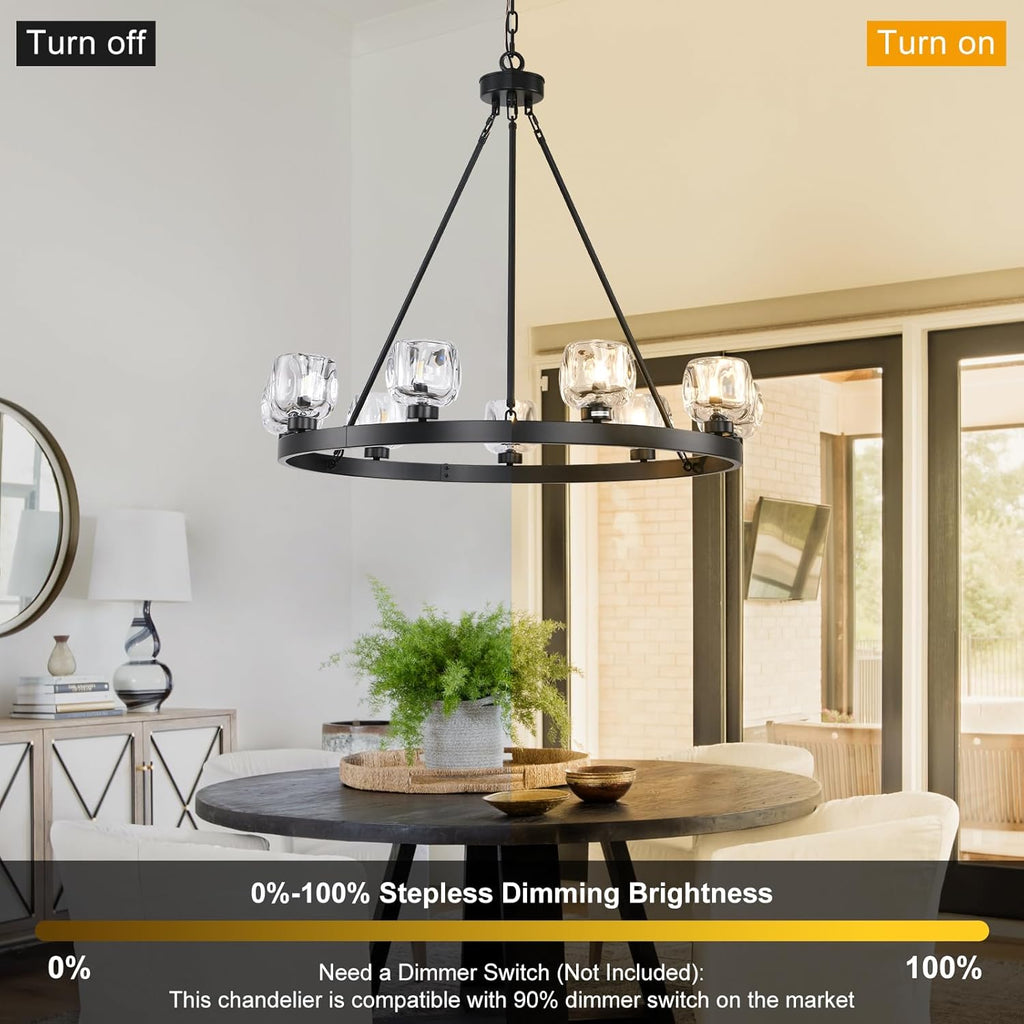 Black Wagon Wheel Chandelier, 36 Inch Black Chandeliers with Unique Glass Shade, 9-Light Crystal Farmhouse Wagon Wheel Chandeliers for Dining Room, Round Chandelier for Living Room, Foyer, Entryway
