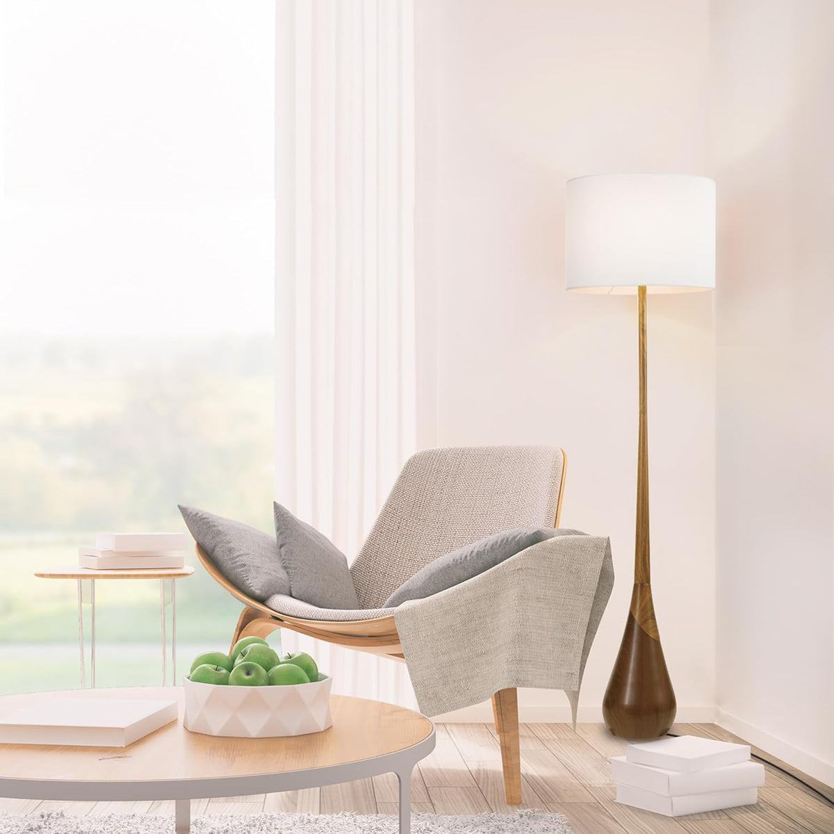 GLOBE Electric Novogratz x Harrington 65" Floor Lamp, 2-Tone Faux Wood Base, White Fabric Shade, Socket Rotary Switch 67225