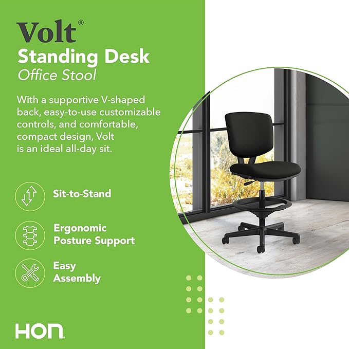 HON Volt Standing Desk Chair, Leather Office Chair with Foot Rest, Armless Drafting Stool, Ergonomic Recline and Center Tilt, for Computers, Offices, Work, Black