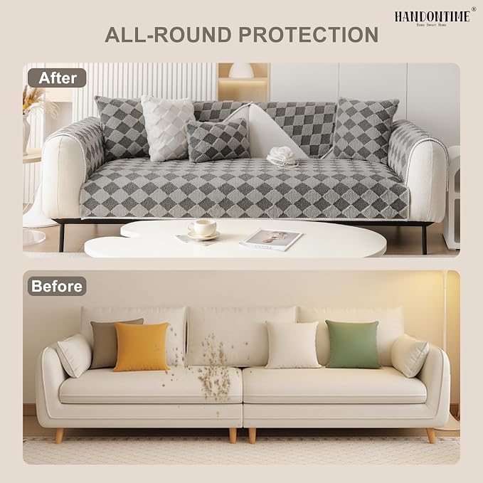 HANDONTIME Non-Slip Pet Couch Cover Washable, Plush Faux Fur Couch Protector for Cushion Pet-Friendly Sofa Covers for Dogs, Checkered Diamond Sectional Covers Dog Mat for Sofa (Grey, 35.6" x 35.6")