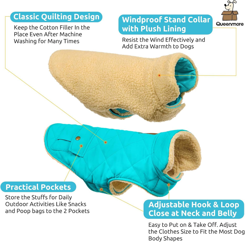 Queenmore Warm Dog Coat, Cold Weather Puffer Dog Coat Vest, Quilting Winter Pet Jacket Ultra Thick Plush Fleece Lining Pet Clothes for Dogs with Storage Pockets (Light Blue, X-Small)