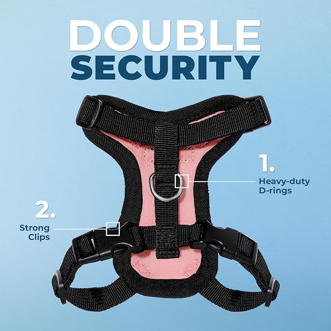 Voyager Step-in Lock Adjustable Cat Harness w. Cat Leash Combo Set with Neoprene Handle 5ft - Supports Small, Medium and Large Breed Cats by Best Pet Supplies - Pink/Black Trim, XXXS