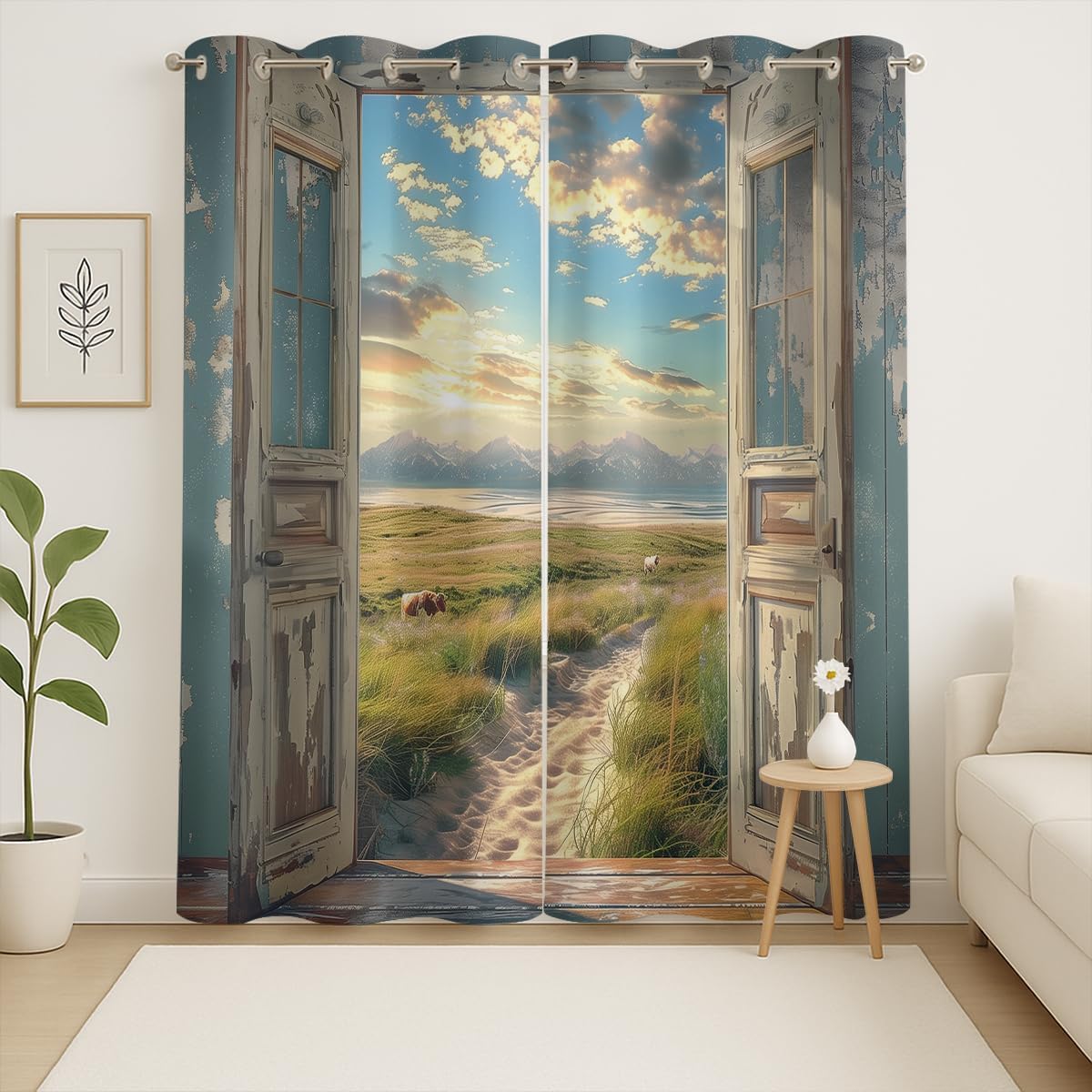 Landscape Blackout Curtains for Girls Boys Home Decor, Cow Sunset Grassland Mountain Natural Scenery Grommet Thermal Insulated Drapes Darkening Window Curtain for Bedroom Living Room, 42 x 63 Inch