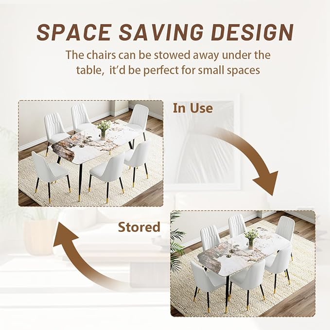 6 Person Dining Table Set, Sintered Stone Dining Table Set for 6, Kitchen Table Chairs Set of 6, Easy to Assemble