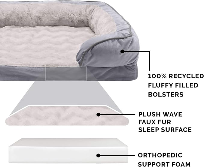 Furhaven Orthopedic Dog Bed for Large Dogs w/ Removable Bolsters & Washable Cover, For Dogs Up to 125 lbs - Plush & Velvet Waves Perfect Comfort Sofa - Granite Gray, Jumbo Plus/XXL