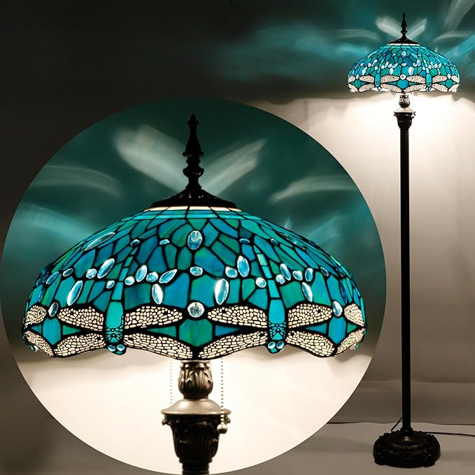 WERFACTORY Tiffany Floor Lamp Dragonfly Green Stained Glass Standing Reading Light 16X16X64 Inches Antique Pole Corner Lamp Decor Bedroom Living Room Home Office S622 Series