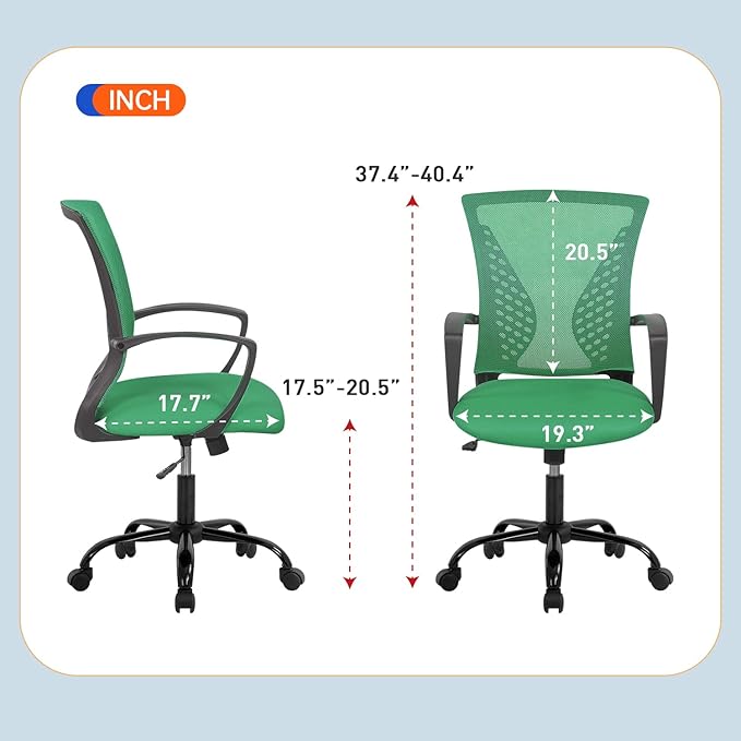 Home Office Chair Ergonomic Desk Chair Mesh Computer Chair with Lumbar Support Armrest Rolling Swivel Adjustable Mid Back Task Chair for Adults(Green)