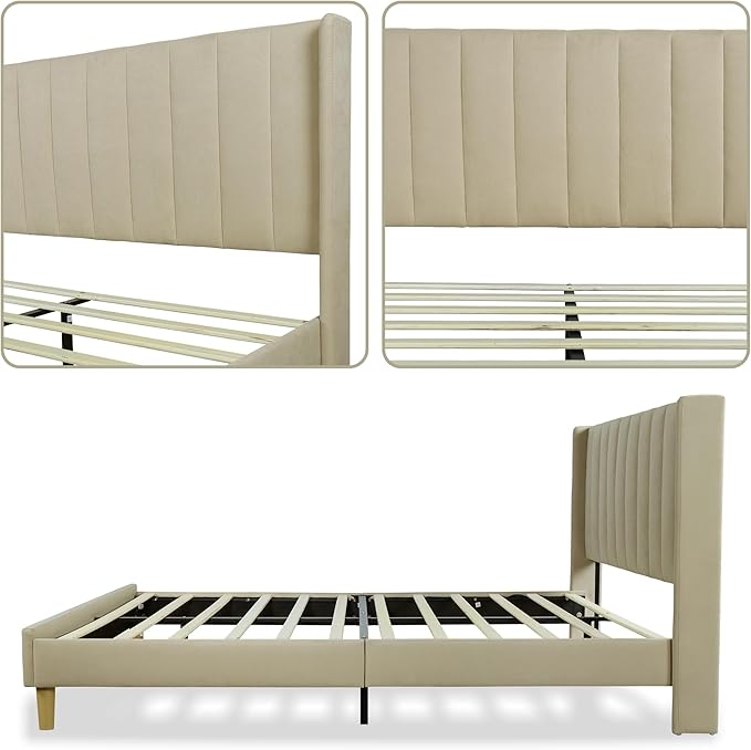 Low Profile Upholstered Platform Bed,Queen Beds with Beige(Linen)