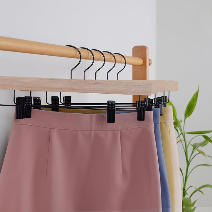 Nature Smile Deluxe Wooden Pants Hangers,Solid Rubber Wood Jeans Skirt Hanger Without Painting,with Adjustable Black Clips and Rotatable Hook,Pack of 10(Natural unvarnished)