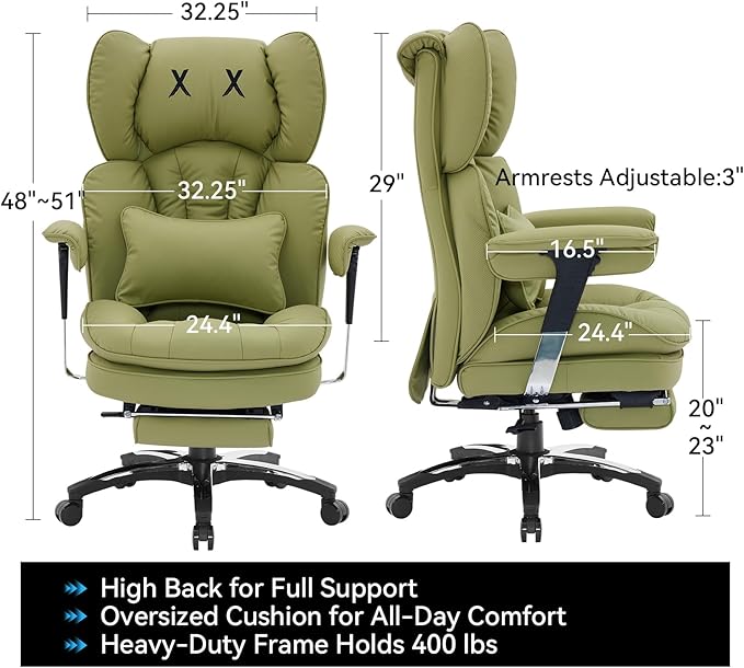 Efomao Big and Tall Office Chair 400lbs, Ergonomic High Back Executive Office Chair with Footrest, Wide Computer Desk Chair for Home Office, Comfortable PU Leather Heavy Duty Chair，Green